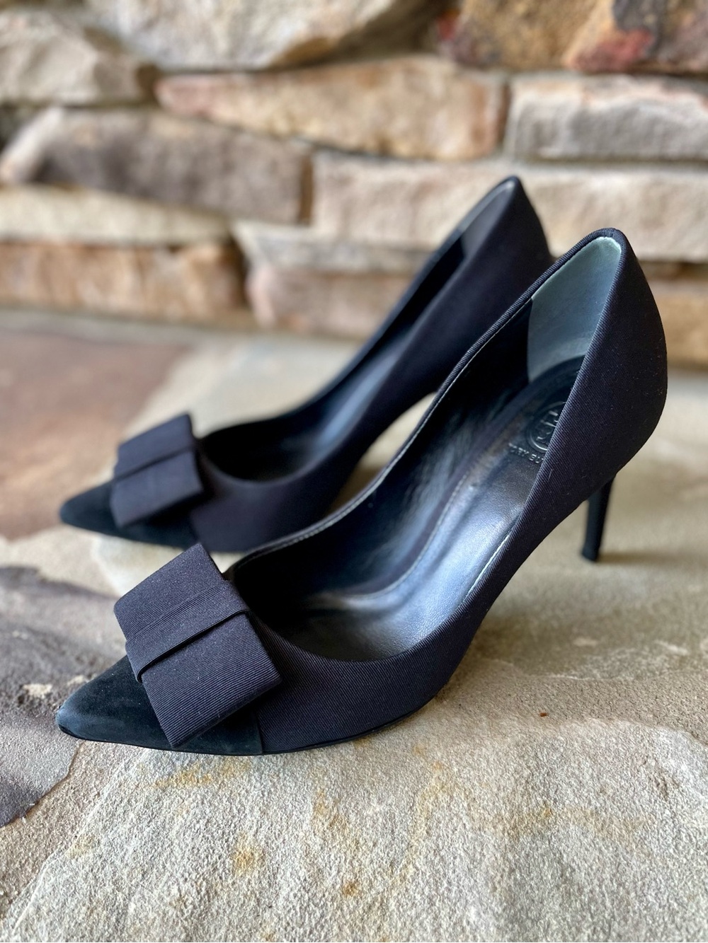 Tory Burch Aria Black Grosgrain Pumps Heels Classic Bow Size 7.5
